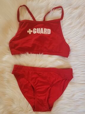 Red 'Life Guard' Two-Piece Swim Set - Junior Size Medium